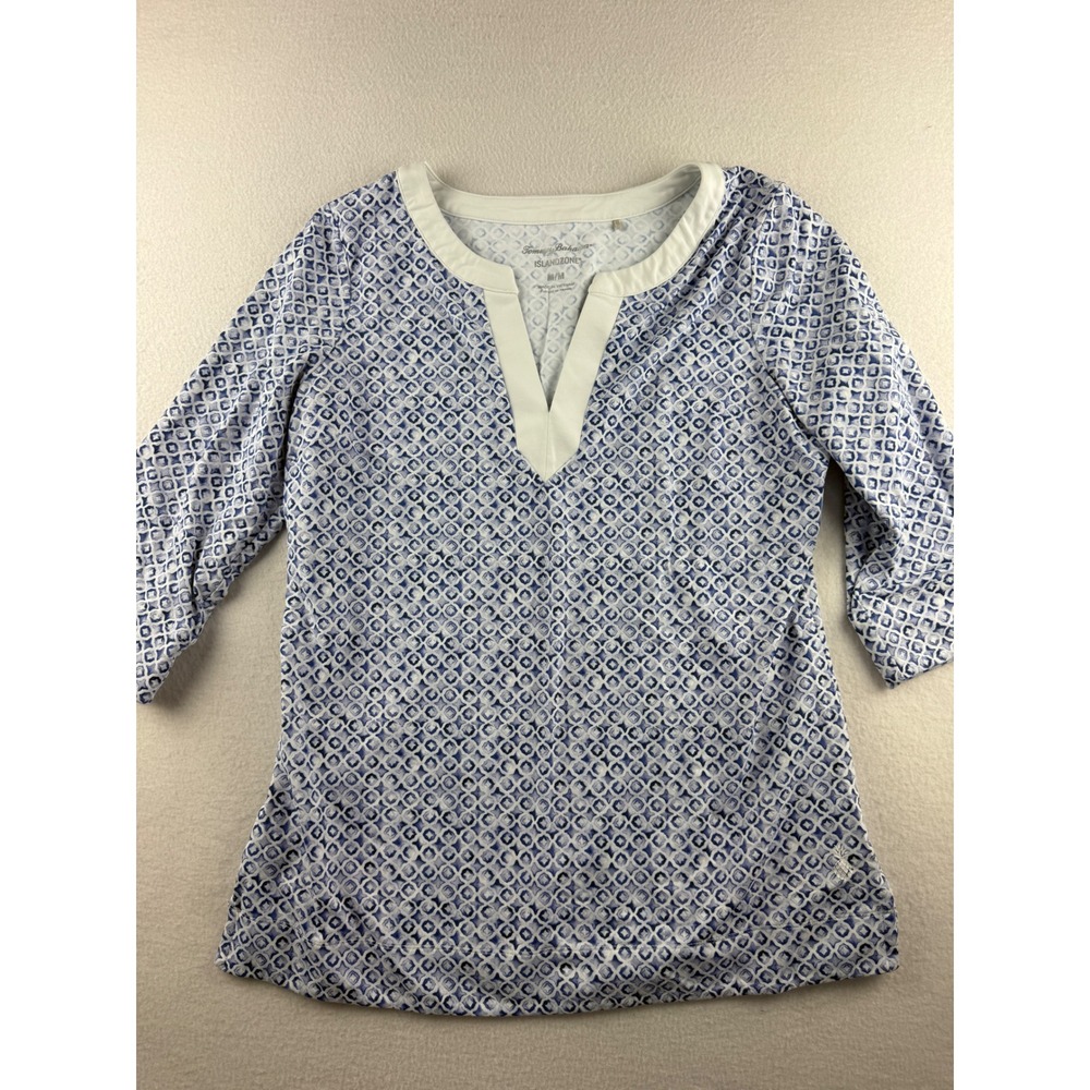 Tommy Bahama IslandZone Womens‎ Blue White Geometric 3/4 Sleeve Tunic Top M